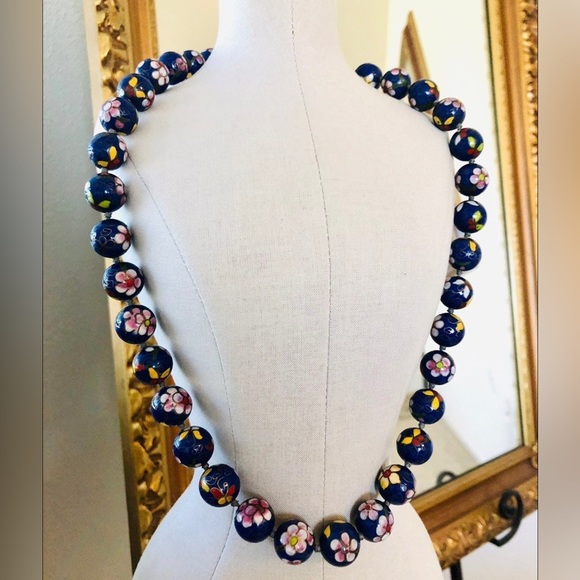 Antique Vintage Blue Cloisonné flower Enamel Jumbo Bead Necklace - Picture 12 of 17